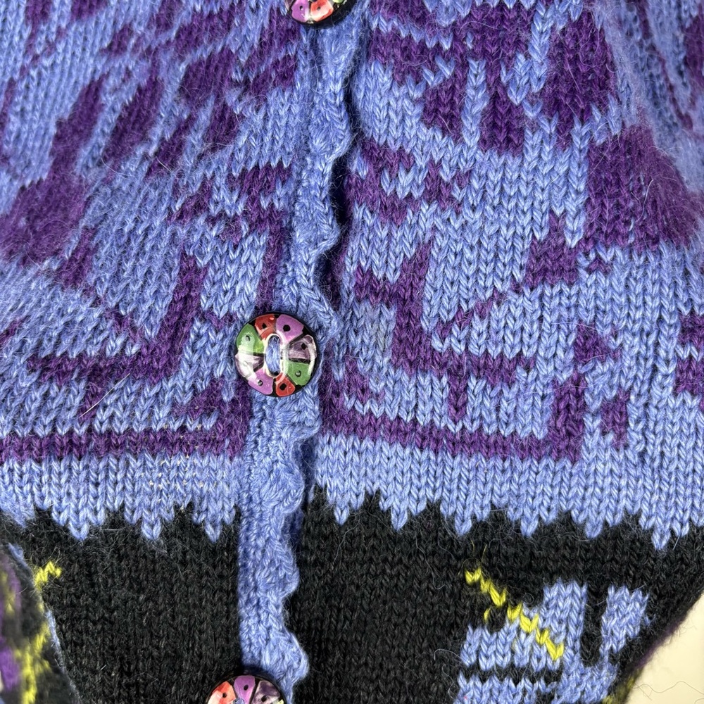 Alpaca Imports Wool Blend Button Front Cardigan L Purple Black Nordic Artsy - Picture 2 of 14